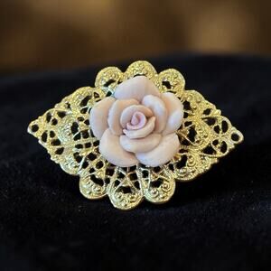 Blush Rose Filigree Brooch Romantic Cottagecore Victorian Revival 1928 Jewelry